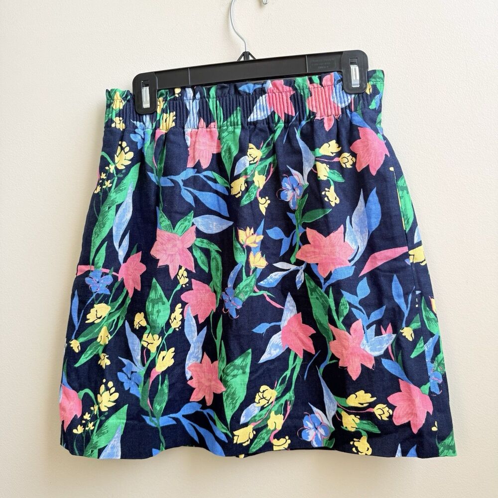NWOT J. Crew Linen Blend Mini Skirt Black Floral Elastic Waist Size 4
